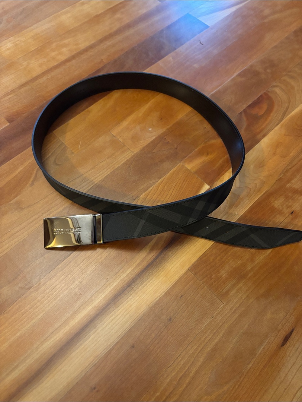 Burberry Men's Black Plaid Leather Belt with Polished Buckle